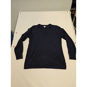 Talbots V Neck Women's Sweater M Button Sleeves Blue W/ Multicolor Specks